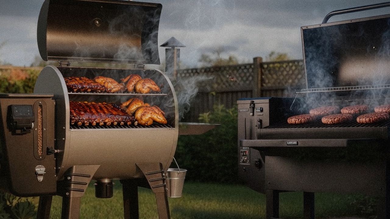Searing and grate view: Camp Chef Woodwind WiFi 24 next to Green Mountain Grills Peak