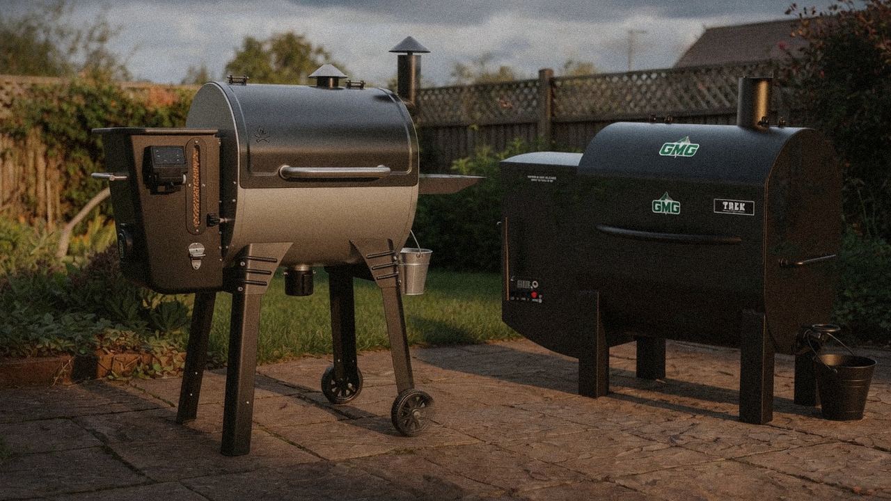 Camp Chef Woodwind WiFi 24 standing next to Green Mountain Grills Trek, showing the size and price-tier gap