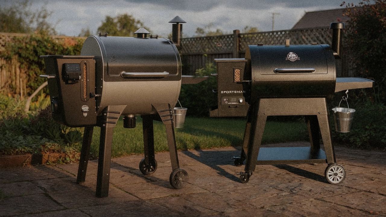 Camp Chef Woodwind WiFi 24 standing next to Pit Boss Navigator 850, showing the size and price-tier gap