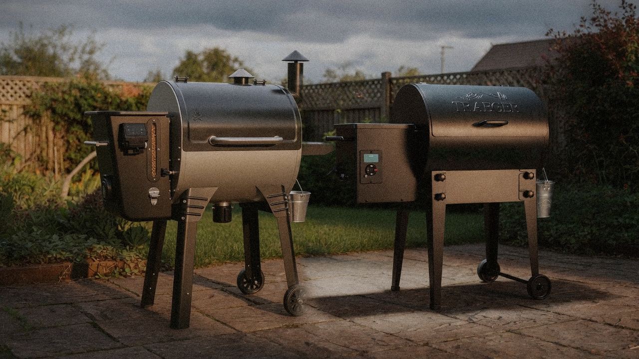 Camp Chef Woodwind WiFi 24 beside Traeger Tailgater 20, editorial product photography