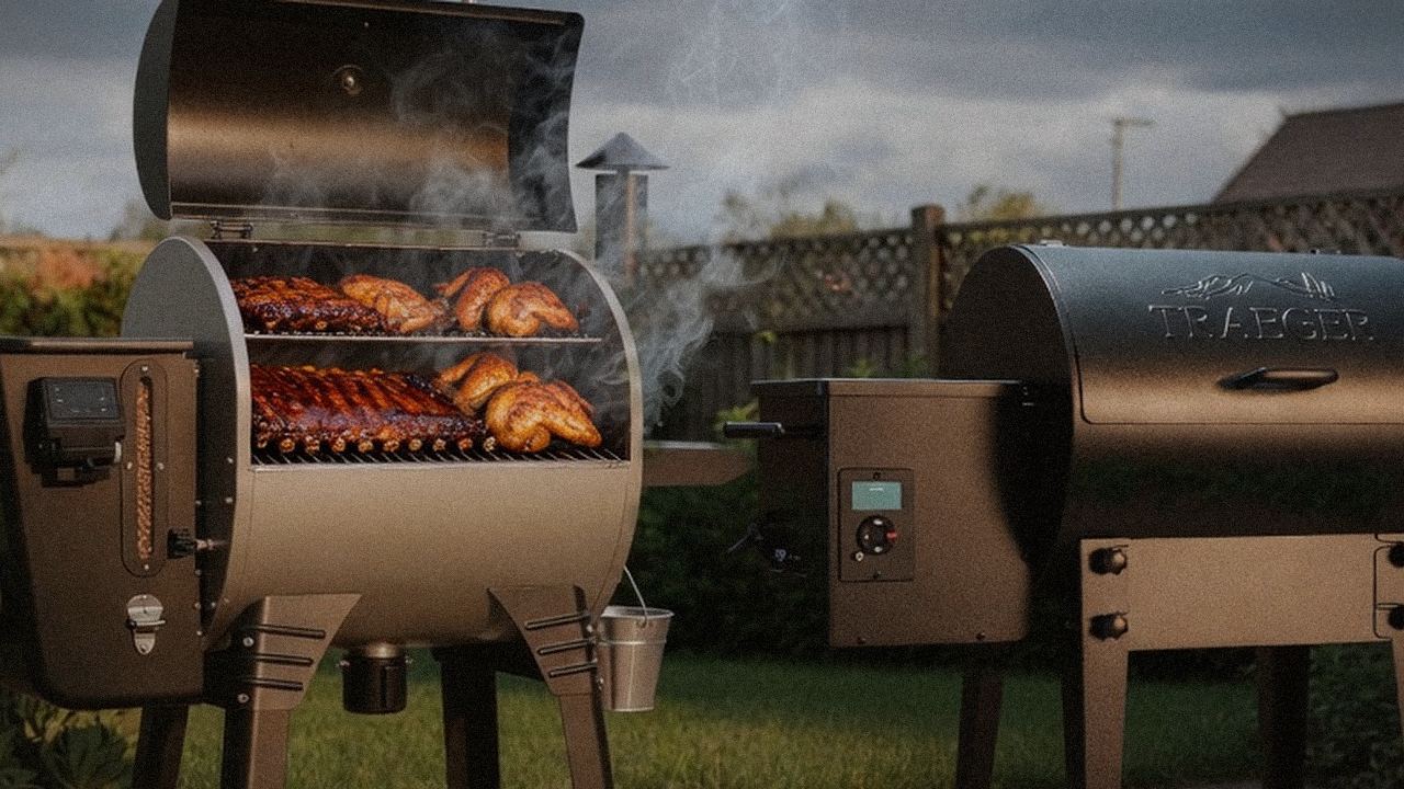 Searing and grate view: Camp Chef Woodwind WiFi 24 next to Traeger Tailgater 20
