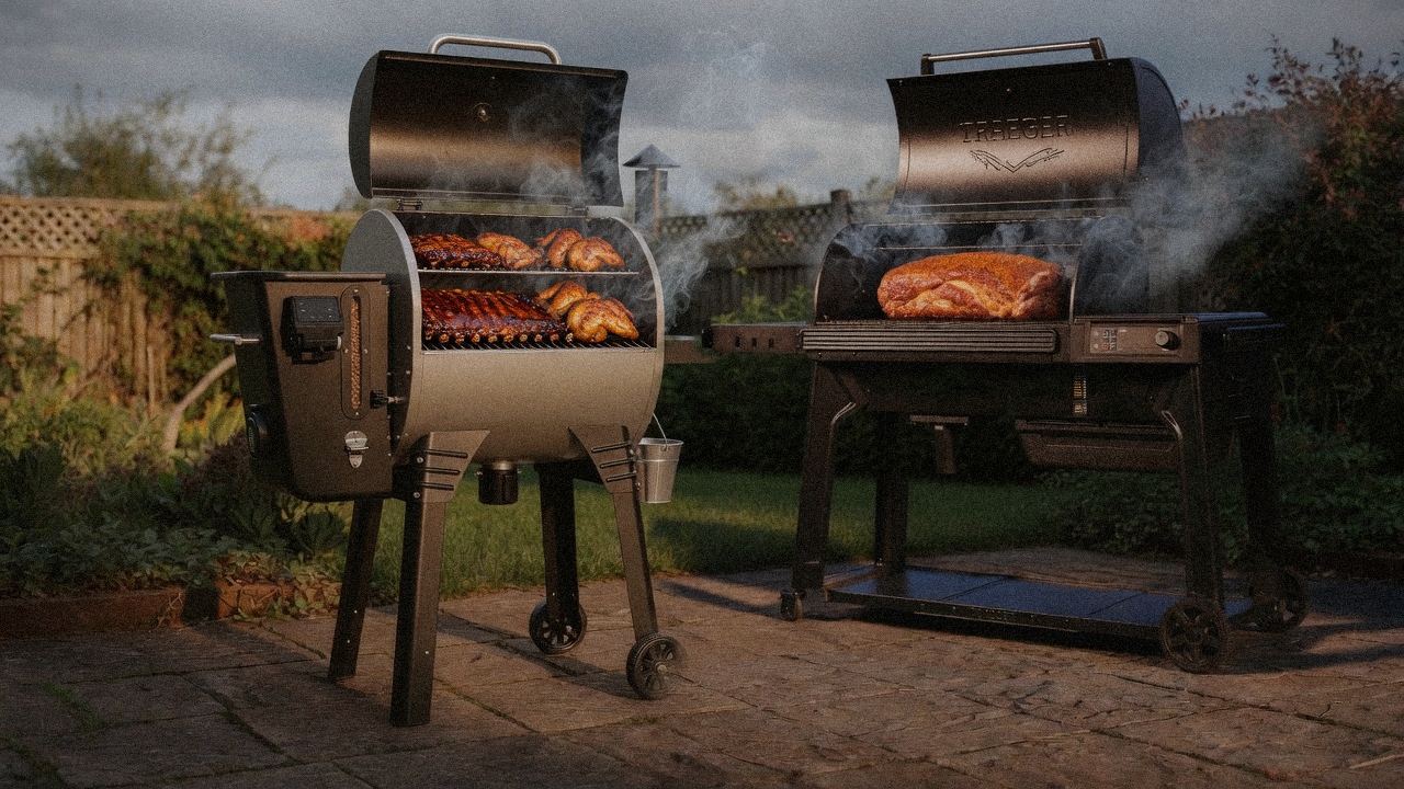 Camp Chef Woodwind WiFi 24 cooking next to Traeger Timberline, wood pellet grills on the same patio