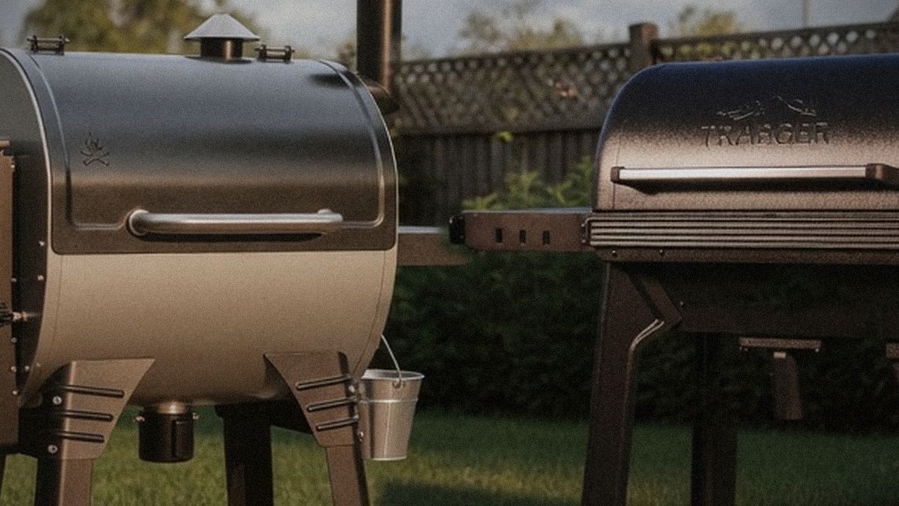 Camp Chef Woodwind WiFi 24 and Traeger Timberline starting up, controllers lit