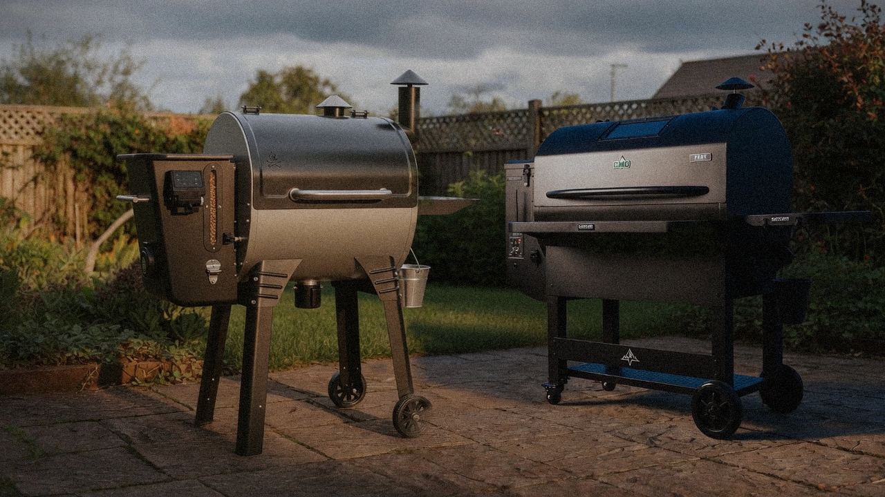 Camp Chef Woodwind Pro WiFi 24 beside Green Mountain Grills Peak, editorial product photography