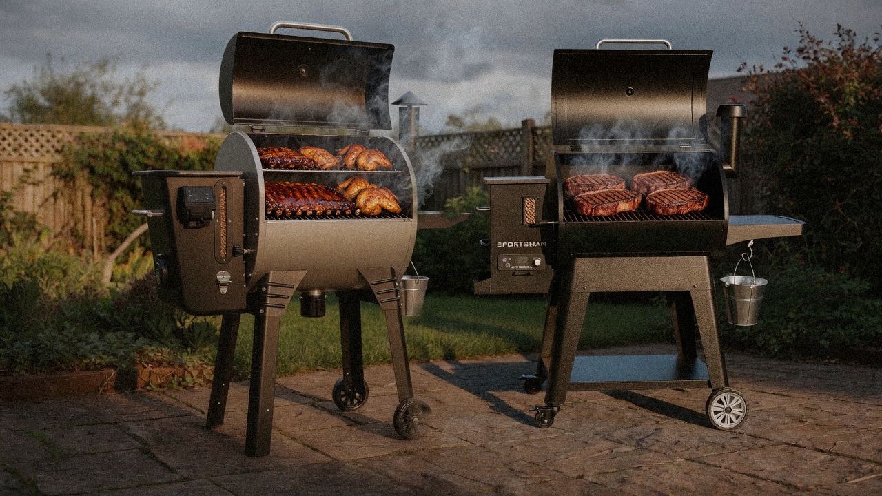 Camp Chef Woodwind Pro WiFi 24 cooking next to Pit Boss Sportsman, wood pellet grills on the same patio