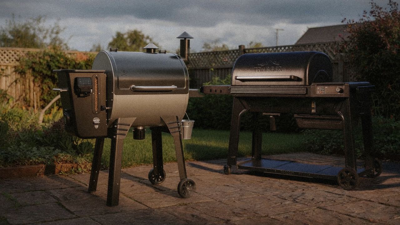 Camp Chef Woodwind Pro WiFi 24 beside Traeger Ironwood, editorial product photography