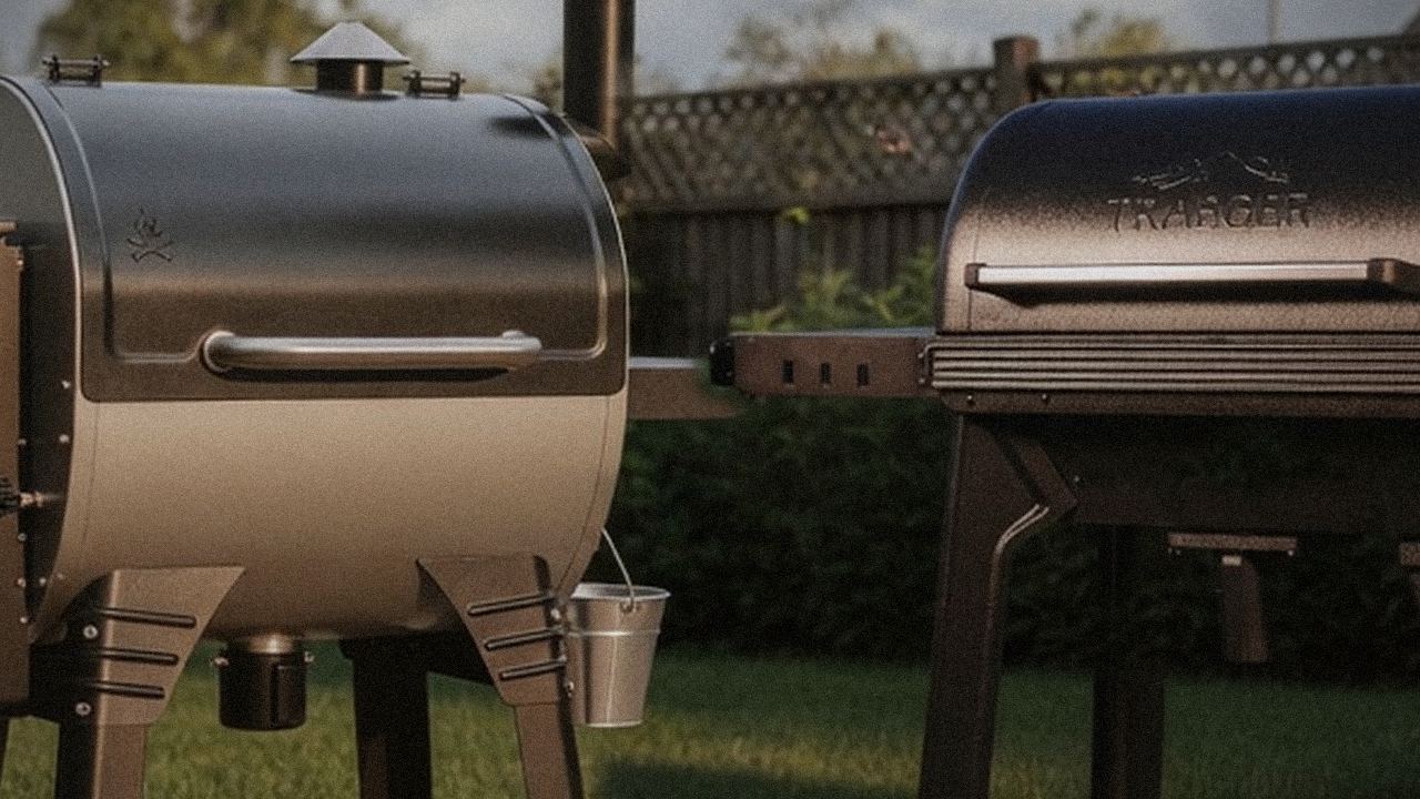 Camp Chef Woodwind Pro WiFi 24 and Traeger Ironwood starting up, controllers lit