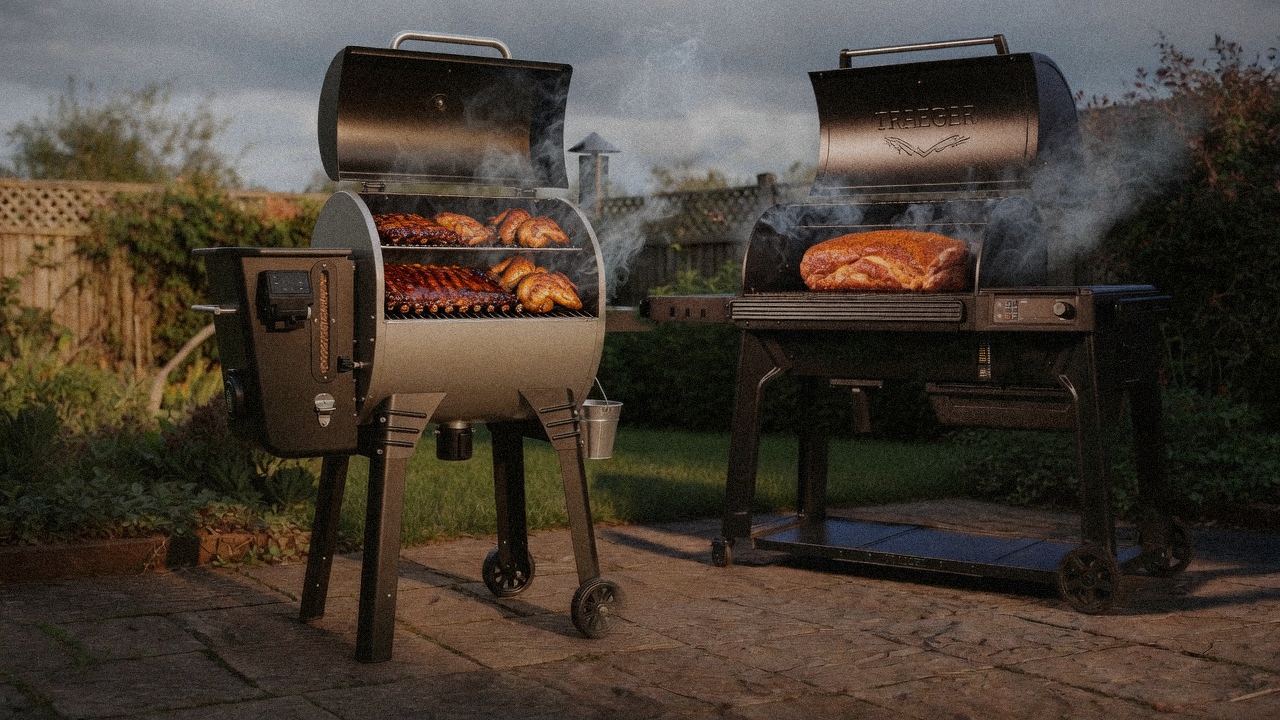 Camp Chef Woodwind Pro WiFi 24 cooking next to Traeger Pro 780, wood pellet grills on the same patio