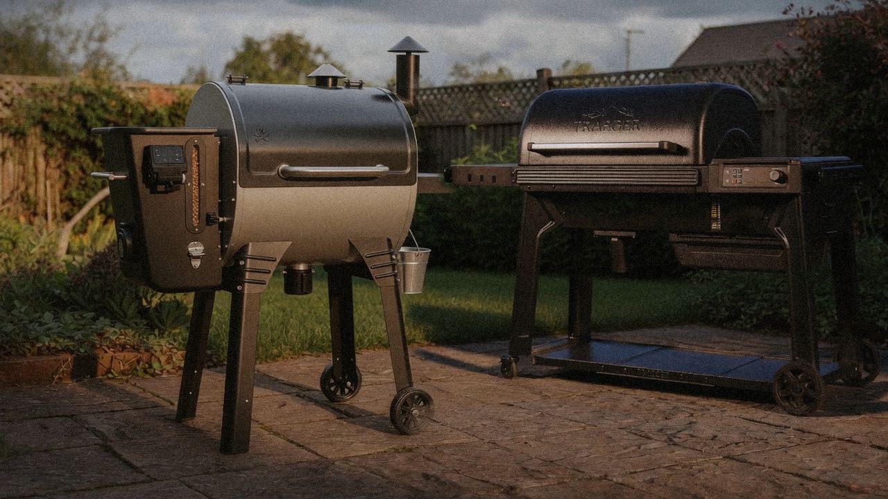 Camp Chef Woodwind Pro WiFi 24 standing next to Traeger Timberline, showing the size and price-tier gap