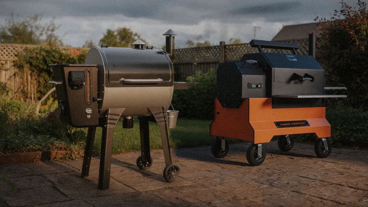 Camp Chef Woodwind Pro WiFi 24 beside Yoder Smokers YS640s, editorial product photography
