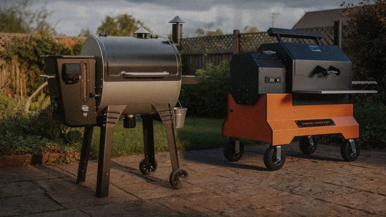 Camp Chef Woodwind Pro WiFi 24 standing next to Yoder Smokers YS640s, showing the size and price-tier gap