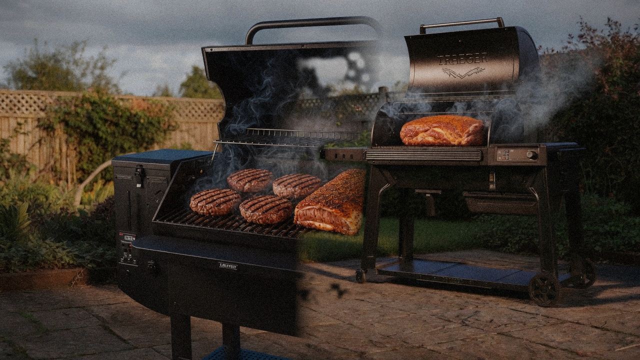 Green Mountain Grills Peak cooking next to Traeger Ironwood, wood pellet grills on the same patio