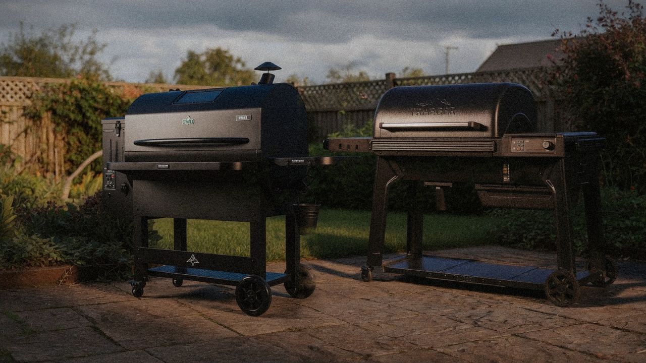 Green Mountain Grills Peak beside Traeger Ironwood, editorial product photography