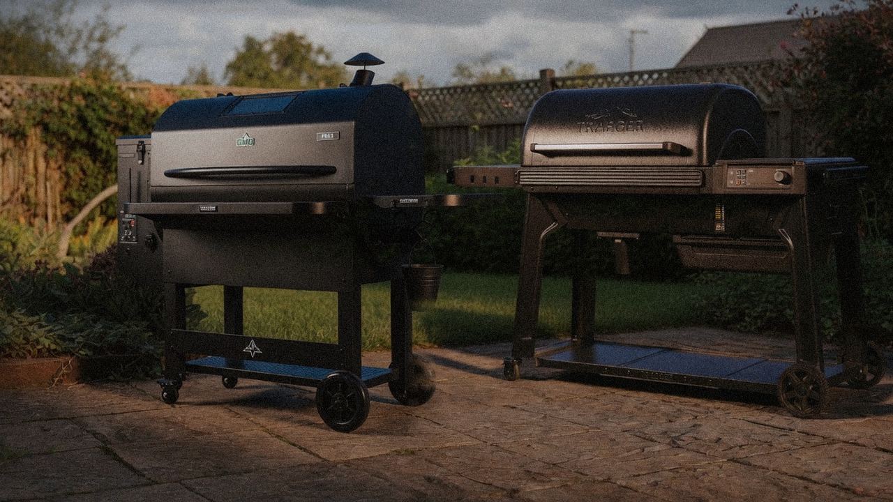 Green Mountain Grills Peak standing next to Traeger Pro 780, showing the size and price-tier gap