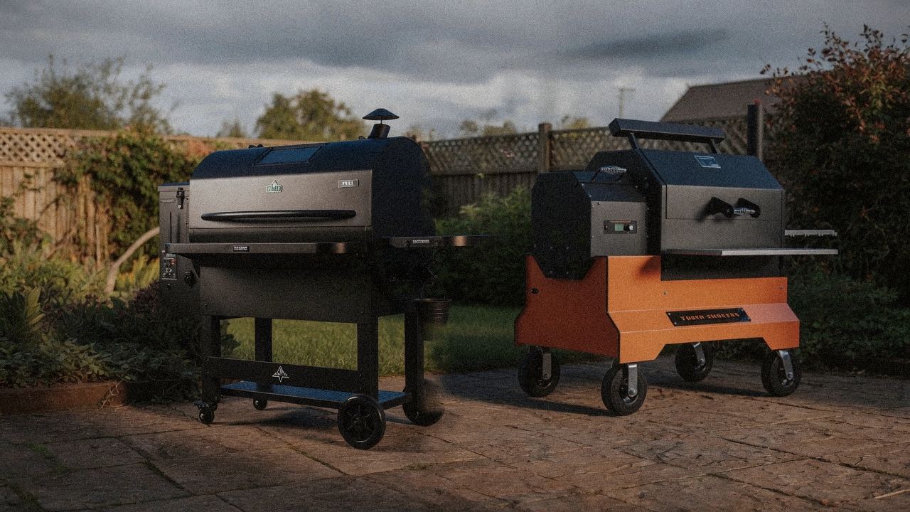 Morning patio with the Green Mountain Grills Peak and the Yoder Smokers YS640s, unboxing-day mood