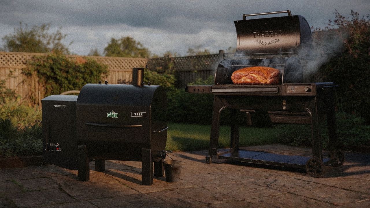 Green Mountain Grills Trek cooking next to Traeger Pro 780, wood pellet grills on the same patio