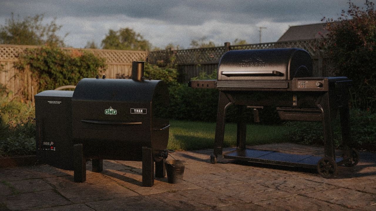 Green Mountain Grills Trek beside Traeger Timberline, editorial product photography