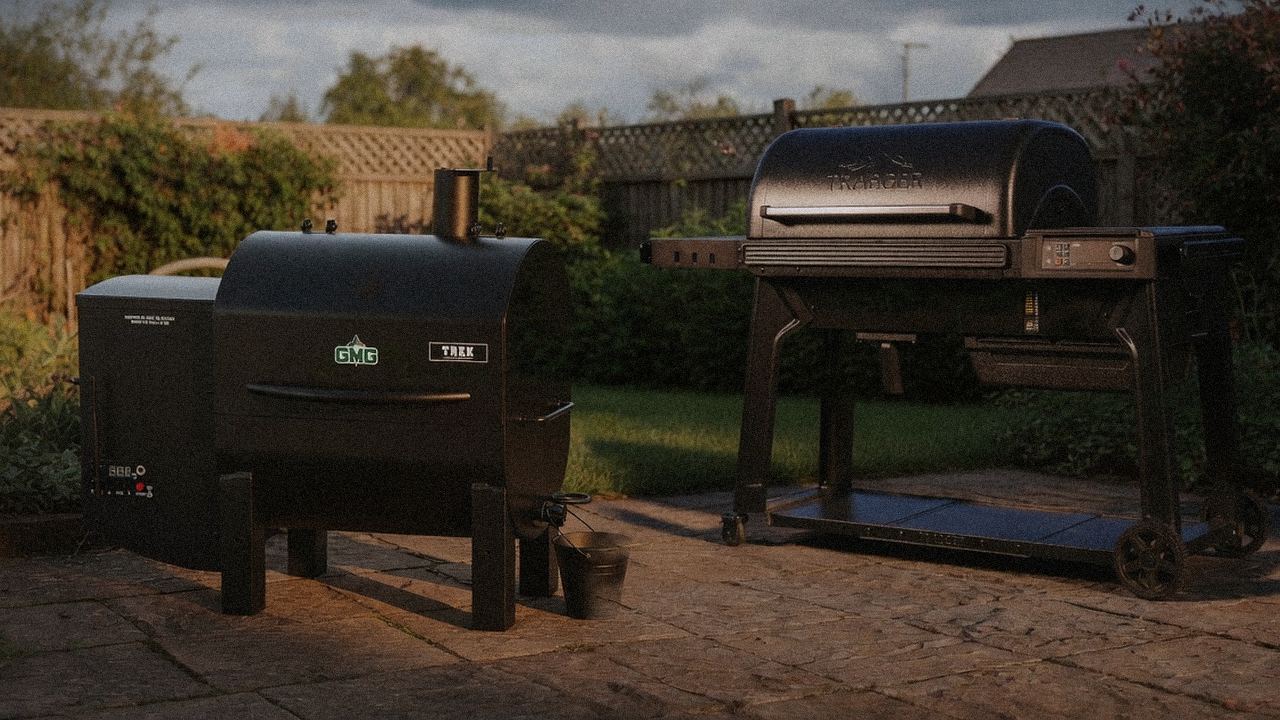 Green Mountain Grills Trek standing next to Traeger Timberline, showing the size and price-tier gap