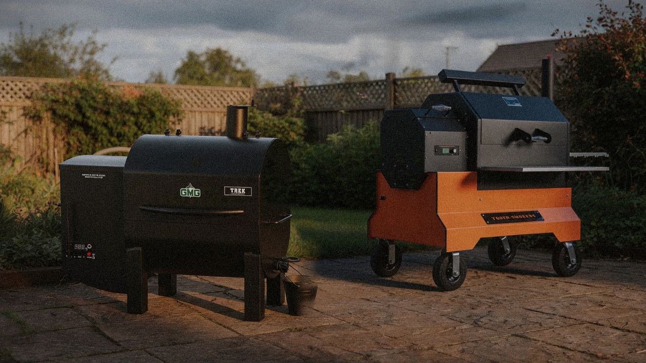 Green Mountain Grills Trek beside Yoder Smokers YS640s, editorial product photography