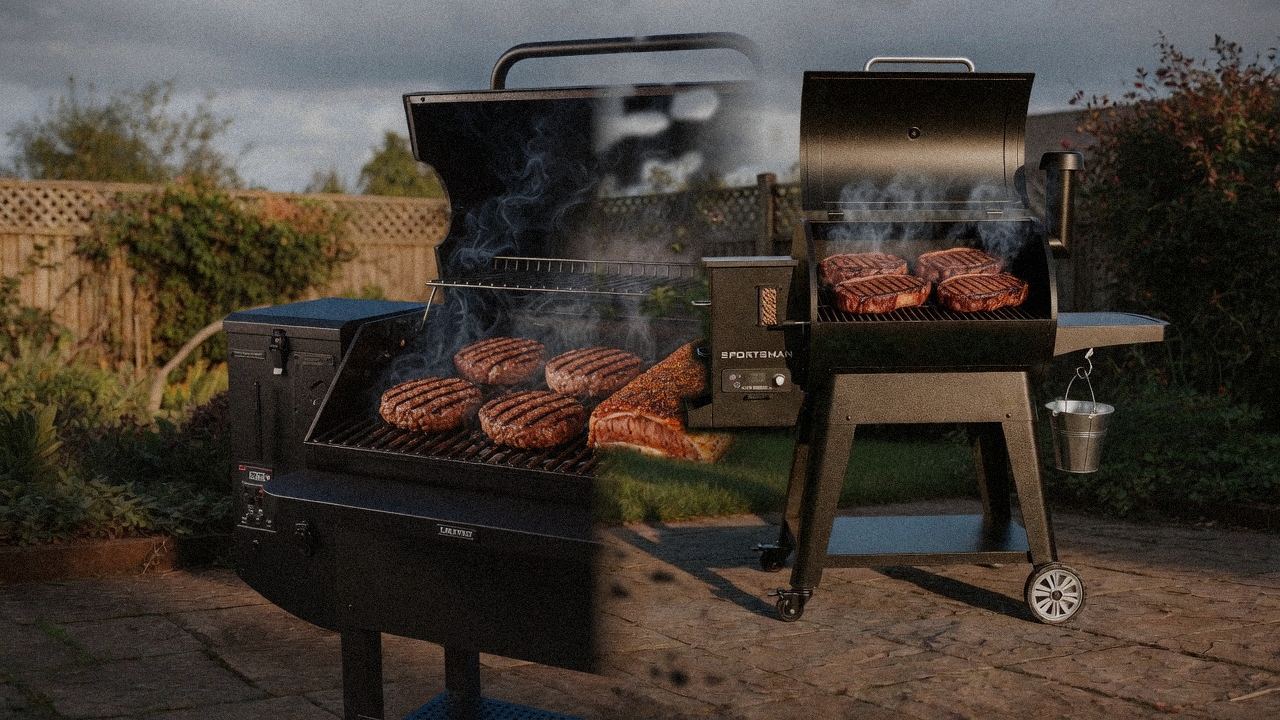 GMG Peak Prime 2.0 beside Pit Boss Sportsman, official product photography on a dark steel panel
