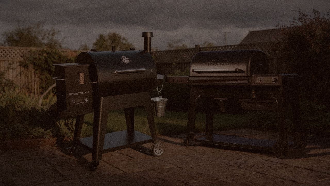 Pit Boss Navigator 850 and Traeger Pro 780 at night with smoke, wood pellet grills on a dark patio