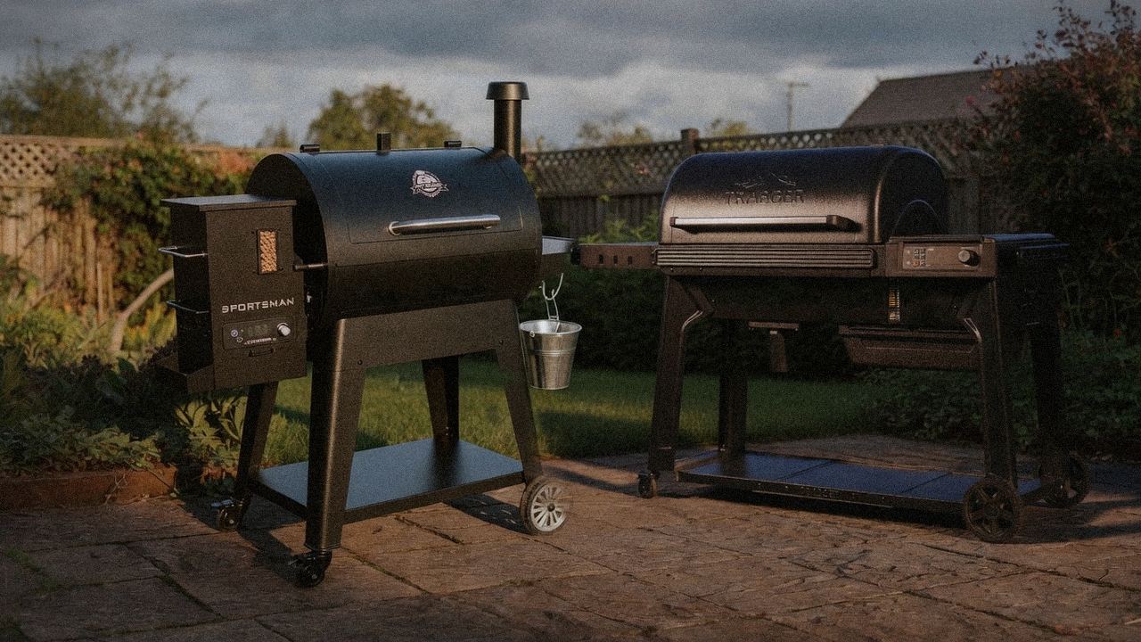 Pit Boss Navigator 850 beside Traeger Woodridge Pro, editorial product photography