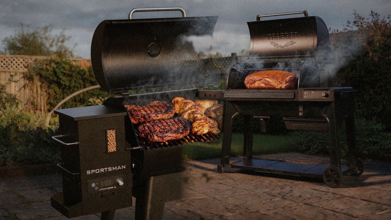 Pit Boss Sportsman cooking next to Traeger Ironwood, wood pellet grills on the same patio