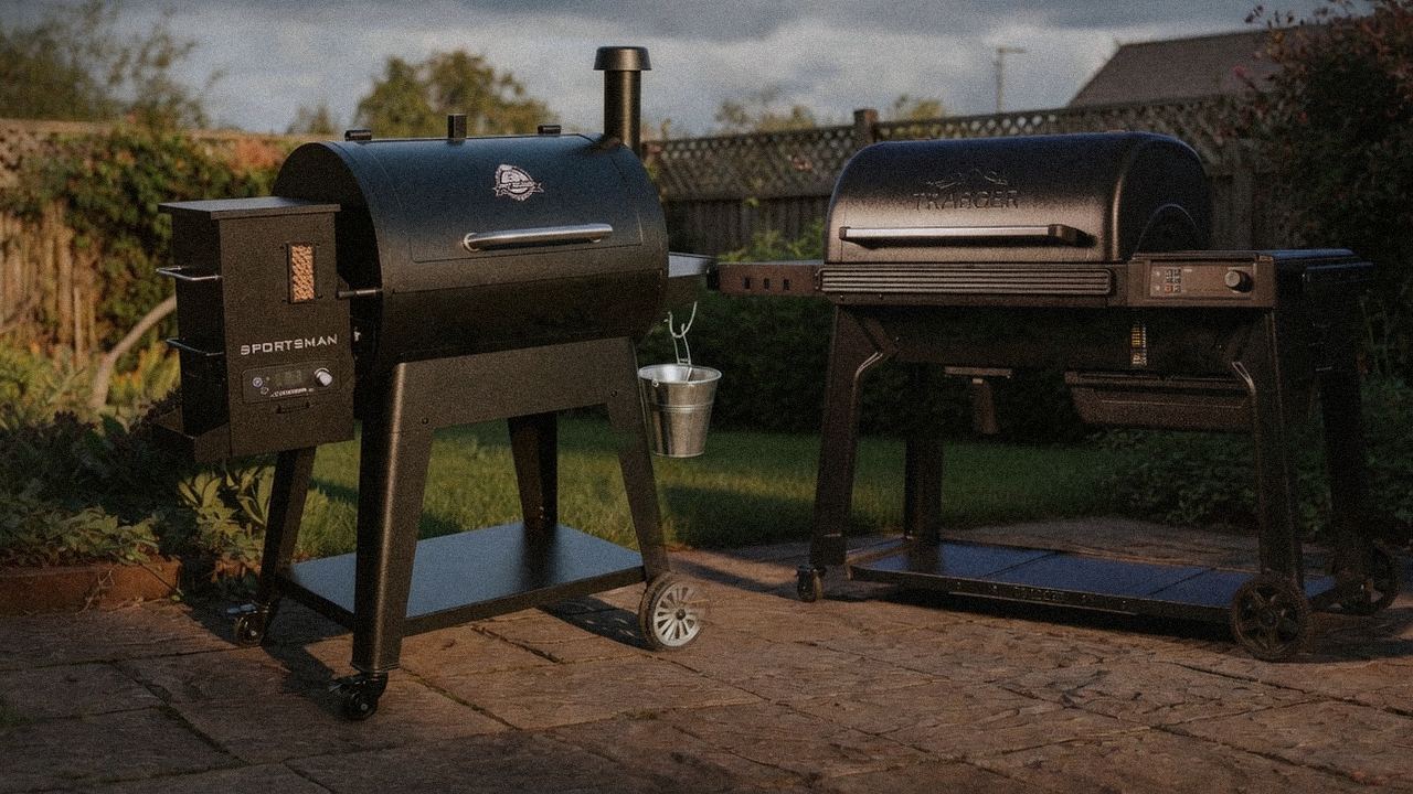 Pit Boss Sportsman standing next to Traeger Pro 780, showing the size and price-tier gap