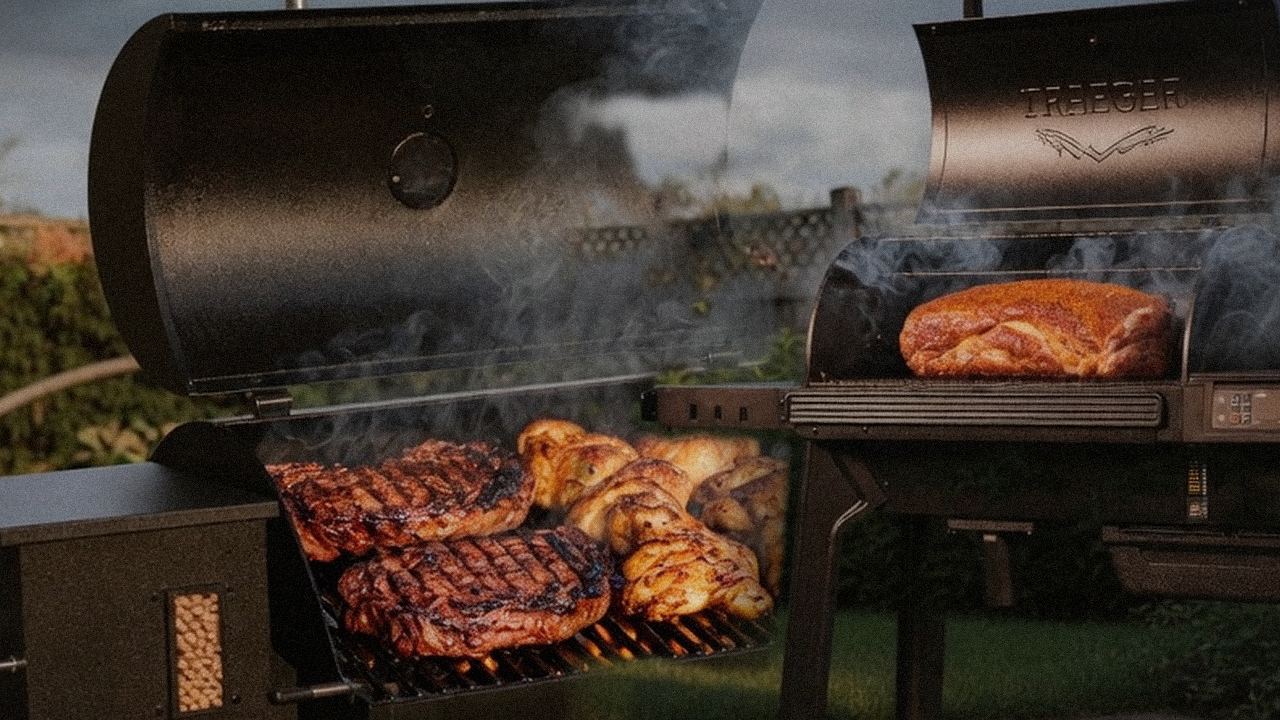 Searing and grate view: Pit Boss Sportsman next to Traeger Woodridge Pro