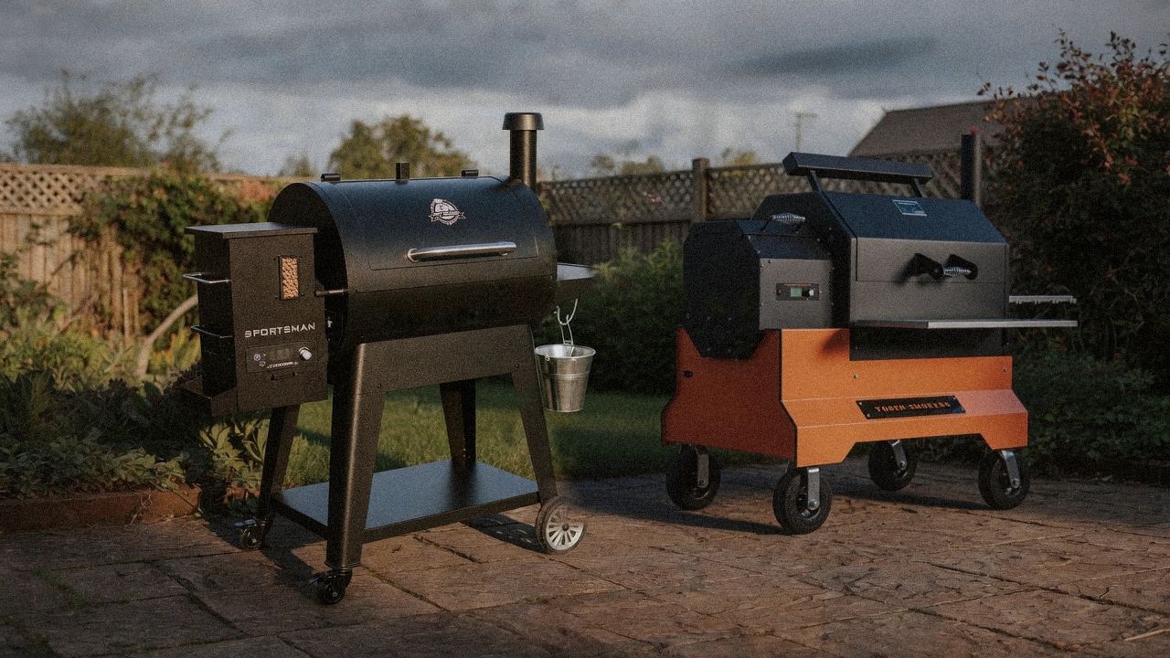 Morning patio with the Pit Boss Sportsman and the Yoder Smokers YS640s, unboxing-day mood