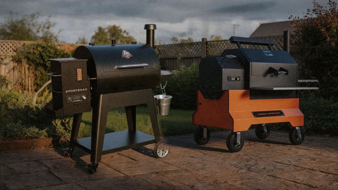 Pit Boss Sportsman beside Yoder Smokers YS640s, editorial product photography