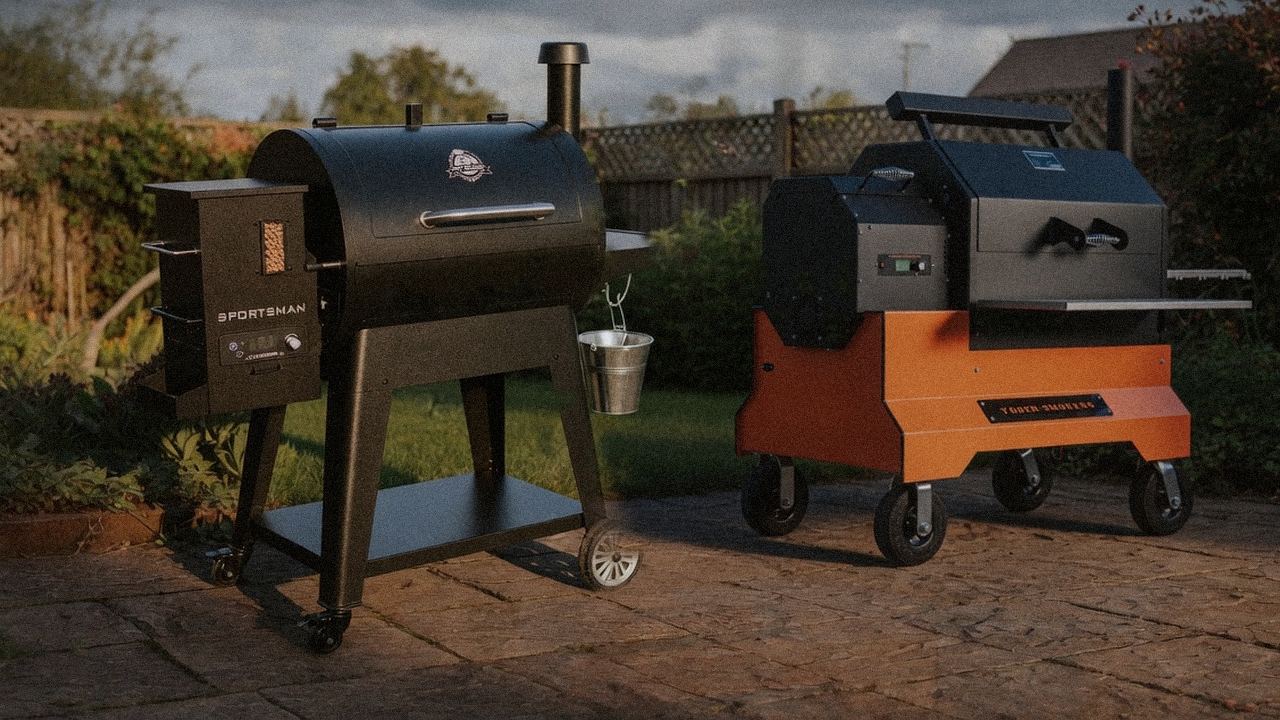 Pit Boss Sportsman standing next to Yoder Smokers YS640s, showing the size and price-tier gap