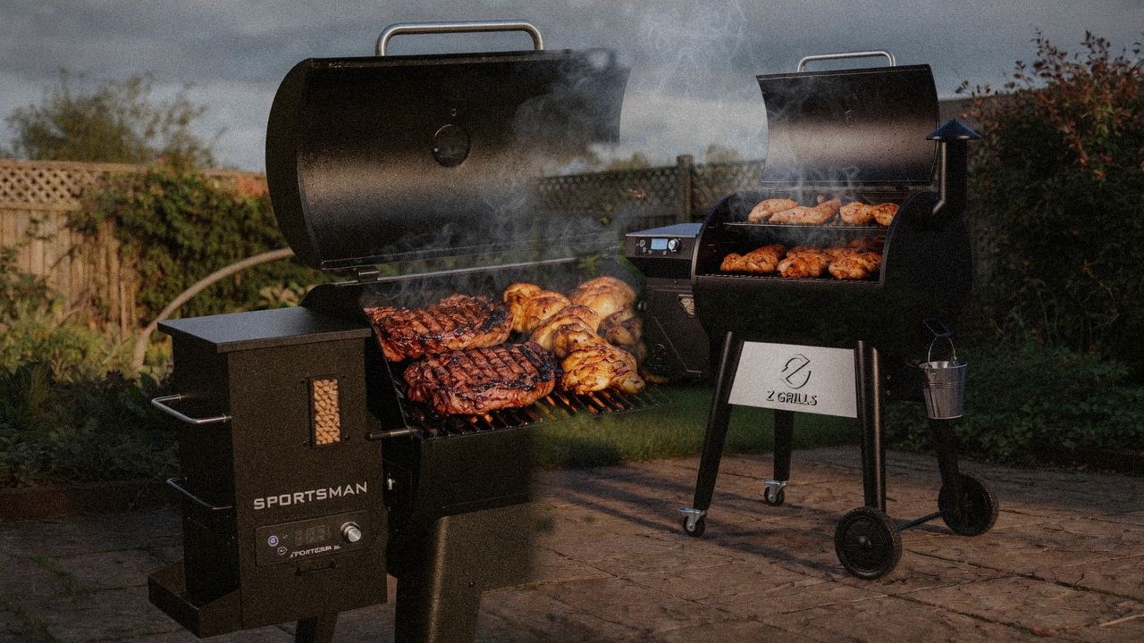 Pit Boss Sportsman cooking next to Z Grills 700 Series (ZPG-7002), wood pellet grills on the same patio