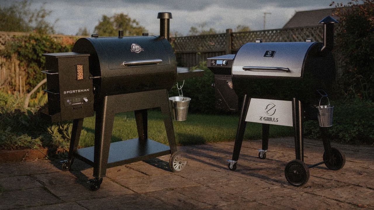 Pit Boss Sportsman standing next to Z Grills 700 Series (ZPG-7002), showing the size and price-tier gap