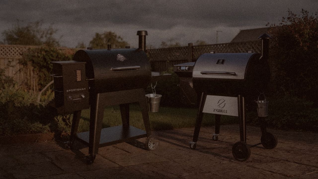 Pit Boss Sportsman beside Z Grills 700 Series, official product photography on a dark steel panel