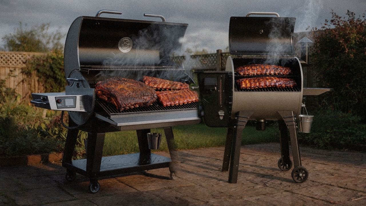 recteq Flagship 1600 cooking next to Camp Chef Woodwind WiFi 24, wood pellet grills on the same patio