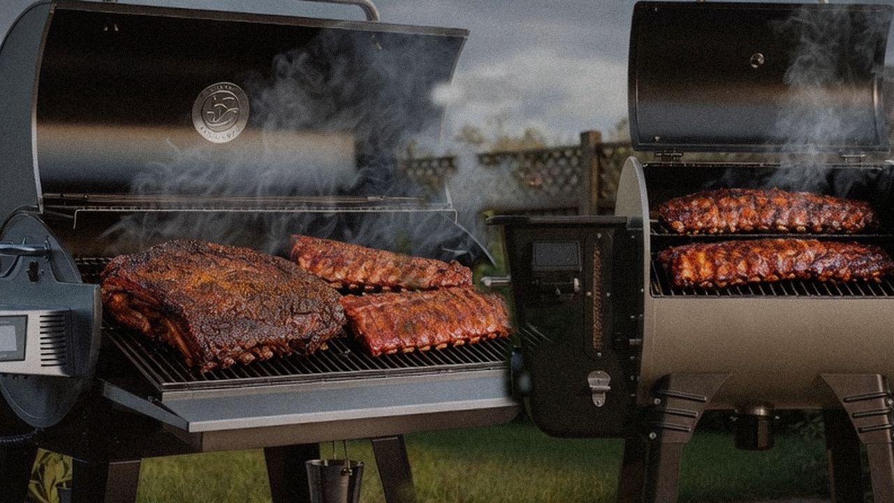 Searing and grate view: recteq Flagship 1600 next to Camp Chef Woodwind WiFi 24
