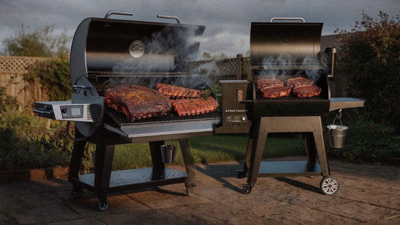 recteq Flagship 1600 cooking next to Pit Boss Sportsman, wood pellet grills on the same patio