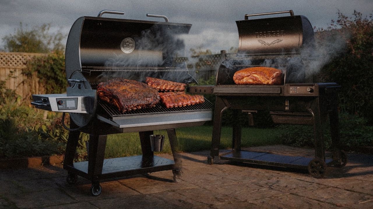 recteq Flagship 1600 cooking next to Traeger Timberline, wood pellet grills on the same patio