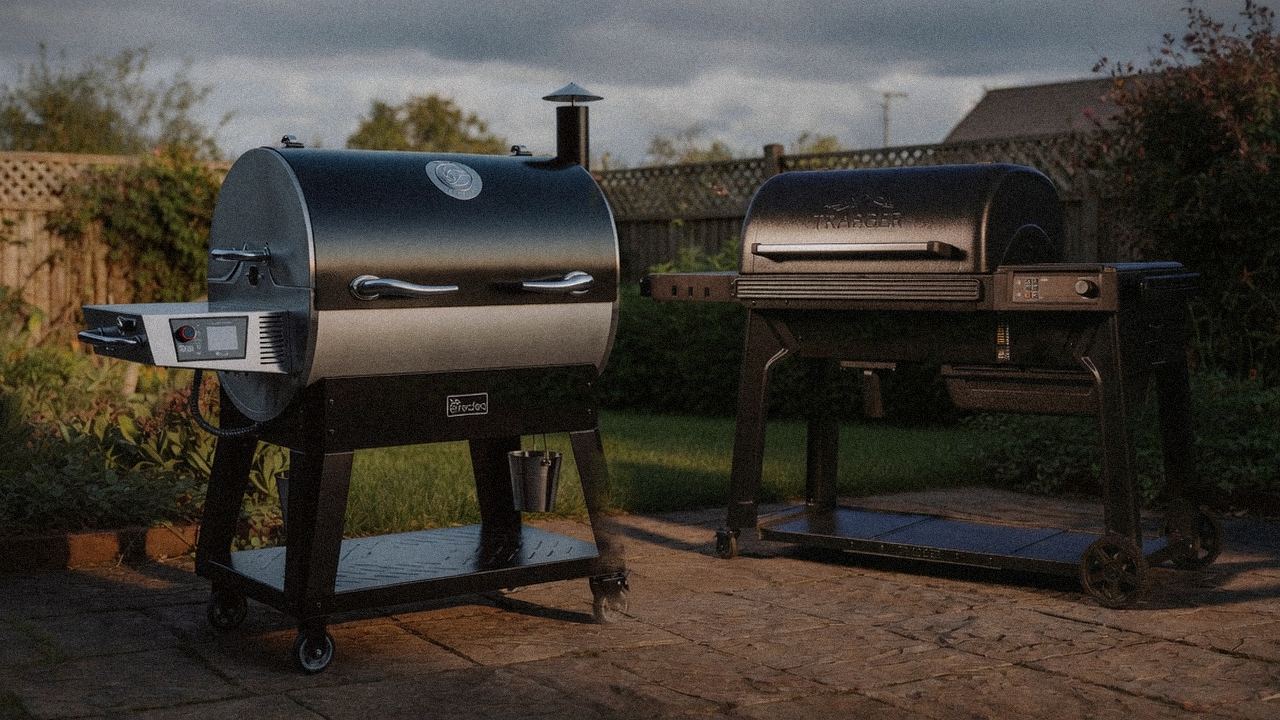 recteq Flagship 1600 beside Traeger Timberline, editorial product photography