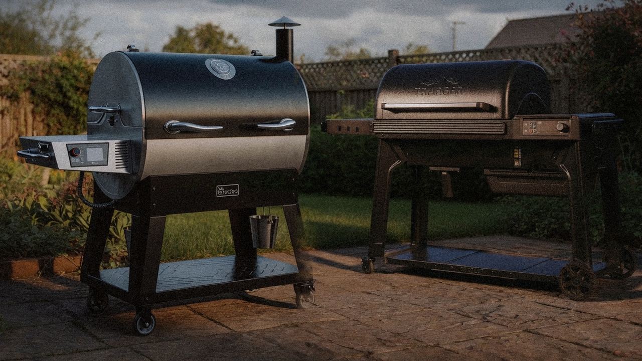 recteq Flagship 1600 standing next to Traeger Woodridge Pro, showing the size and price-tier gap