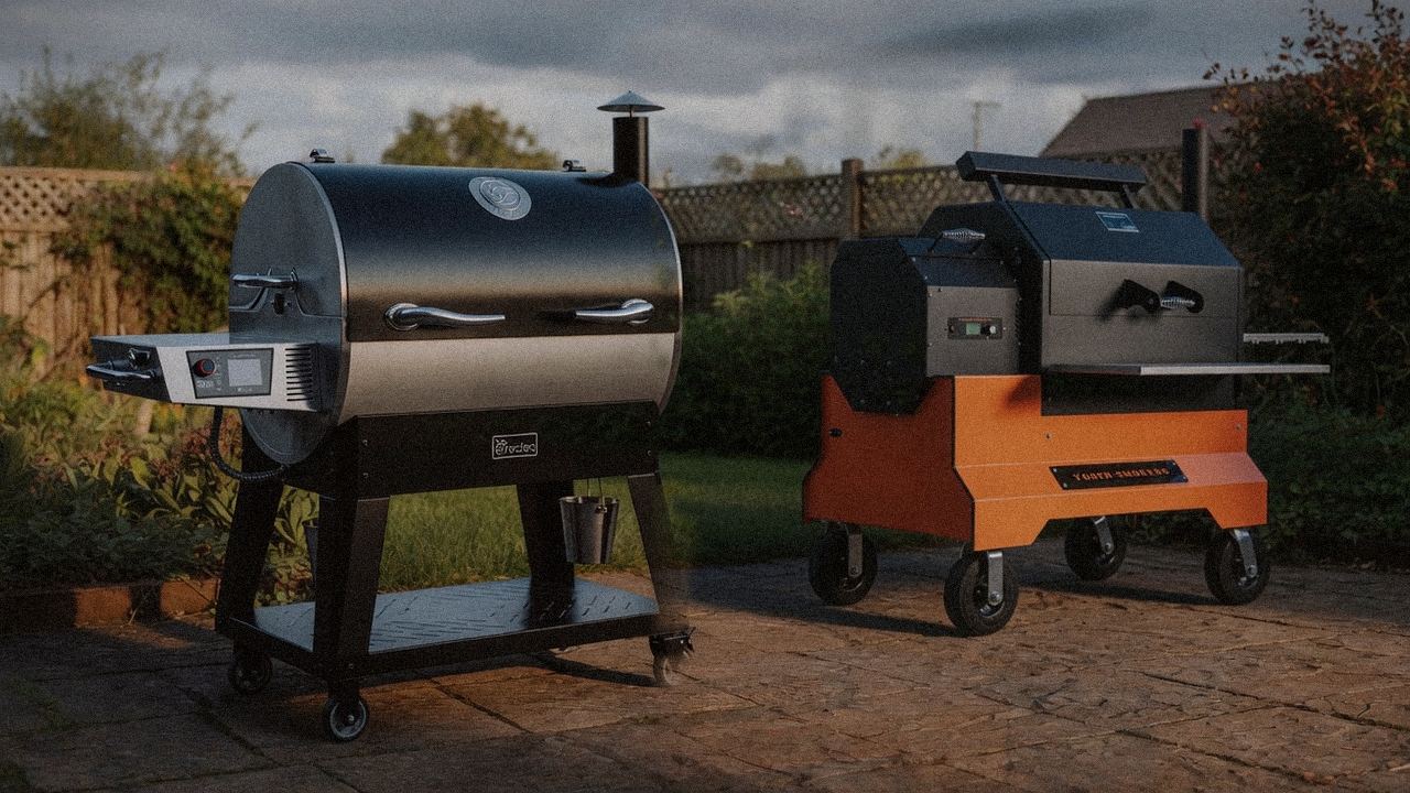 recteq Flagship 1600 beside Yoder Smokers YS640s, editorial product photography