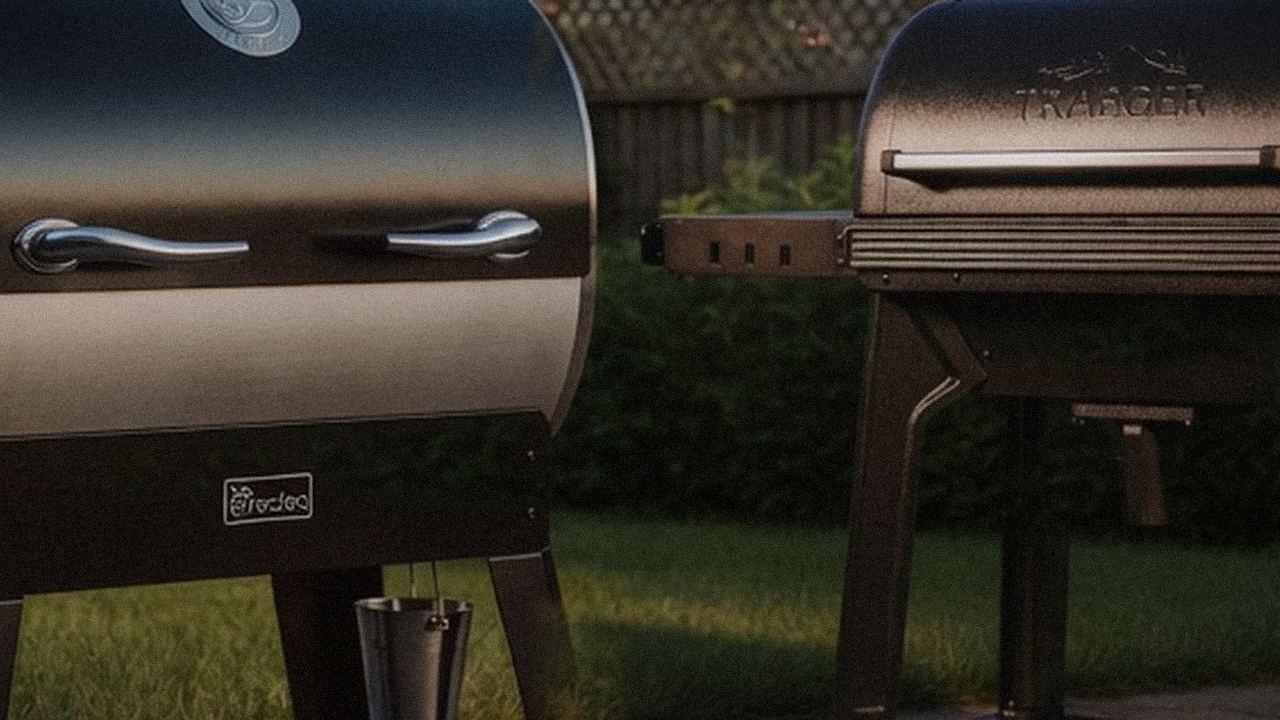 recteq Flagship 1600 beside Traeger Woodridge Pro, official product photography on a dark steel panel