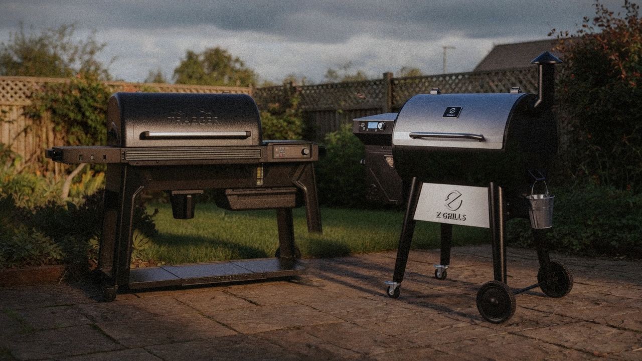 Traeger Ironwood beside Z Grills 700 Series (ZPG-7002), editorial product photography