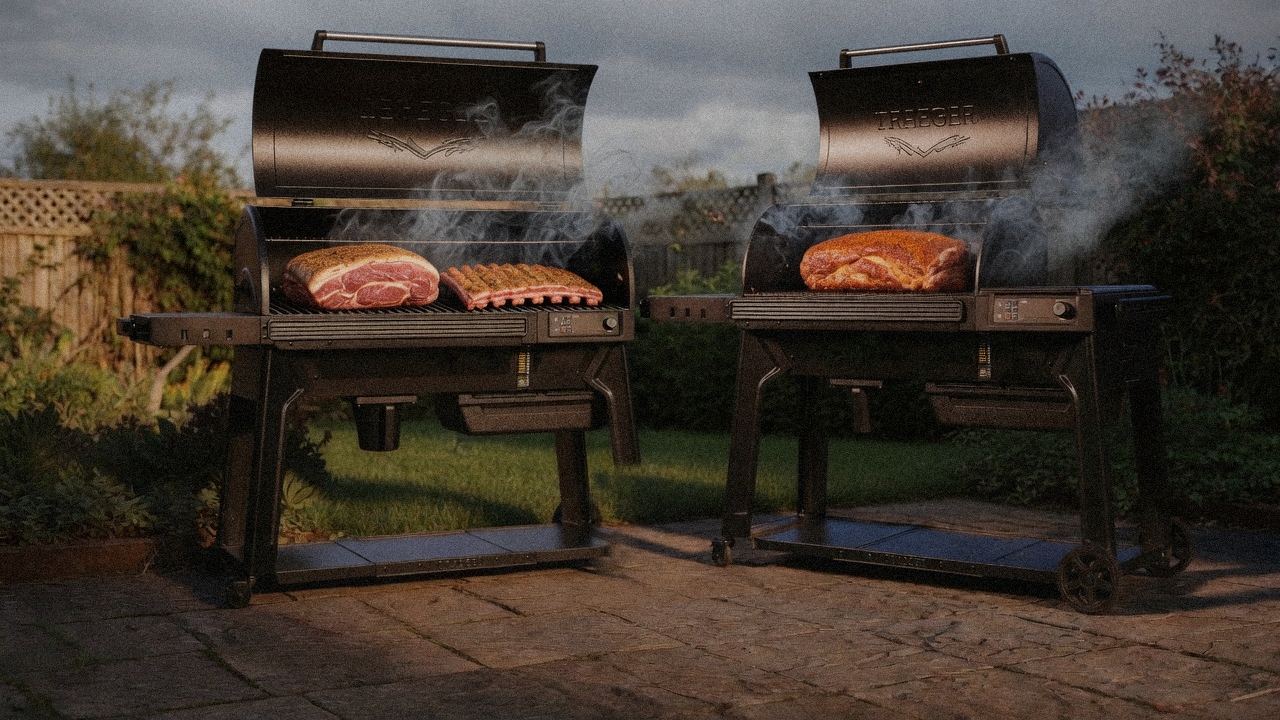 Traeger Pro 780 cooking next to Traeger Timberline, wood pellet grills on the same patio