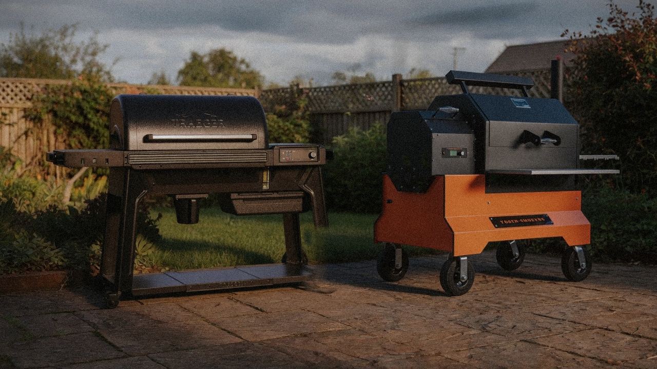Traeger Pro 780 beside Yoder Smokers YS640s, editorial product photography