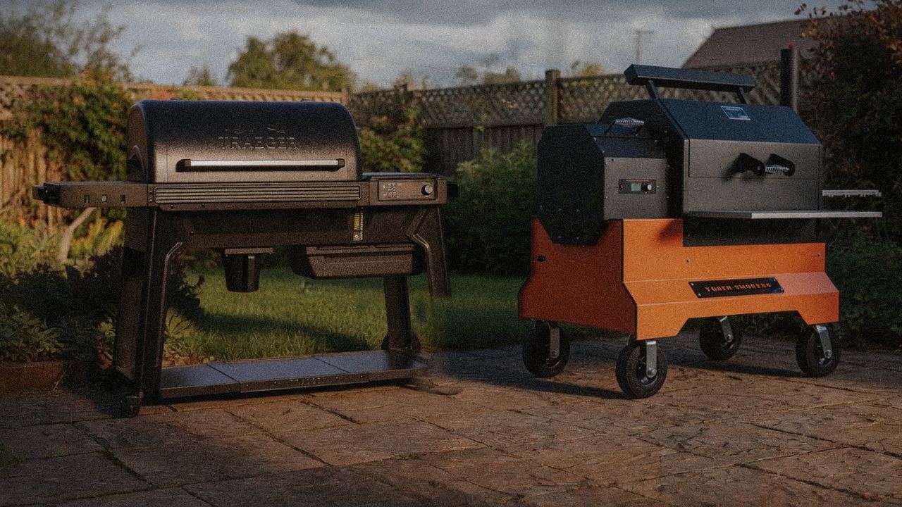 Traeger Pro 780 standing next to Yoder Smokers YS640s, showing the size and price-tier gap