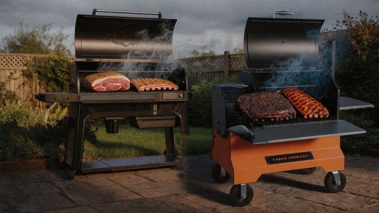 Traeger Timberline cooking next to Yoder Smokers YS640s, wood pellet grills on the same patio
