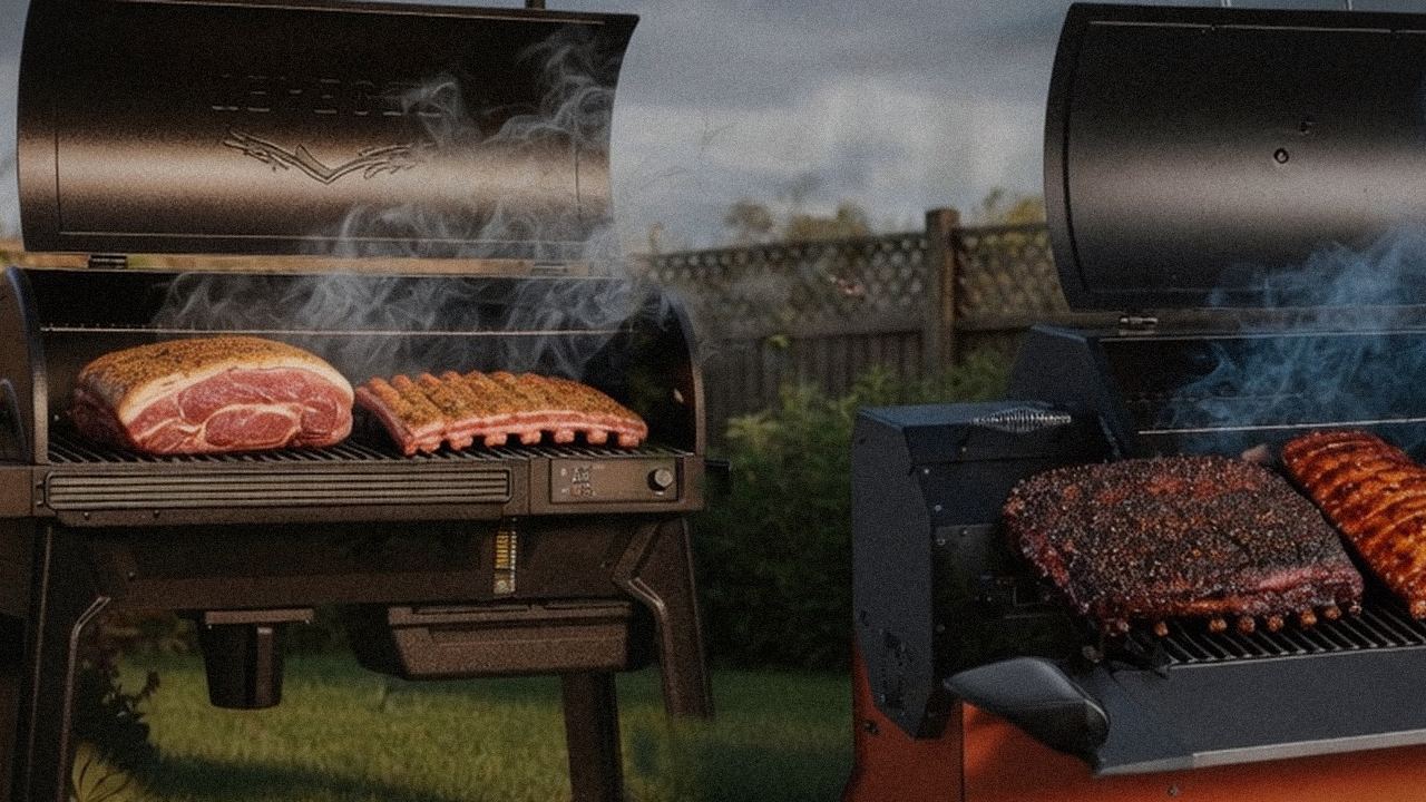 Searing and grate view: Traeger Timberline next to Yoder Smokers YS640s