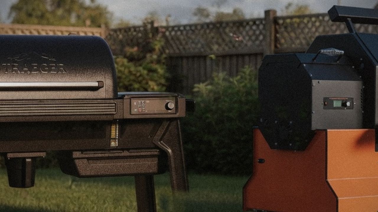 Traeger Timberline and Yoder Smokers YS640s starting up, controllers lit
